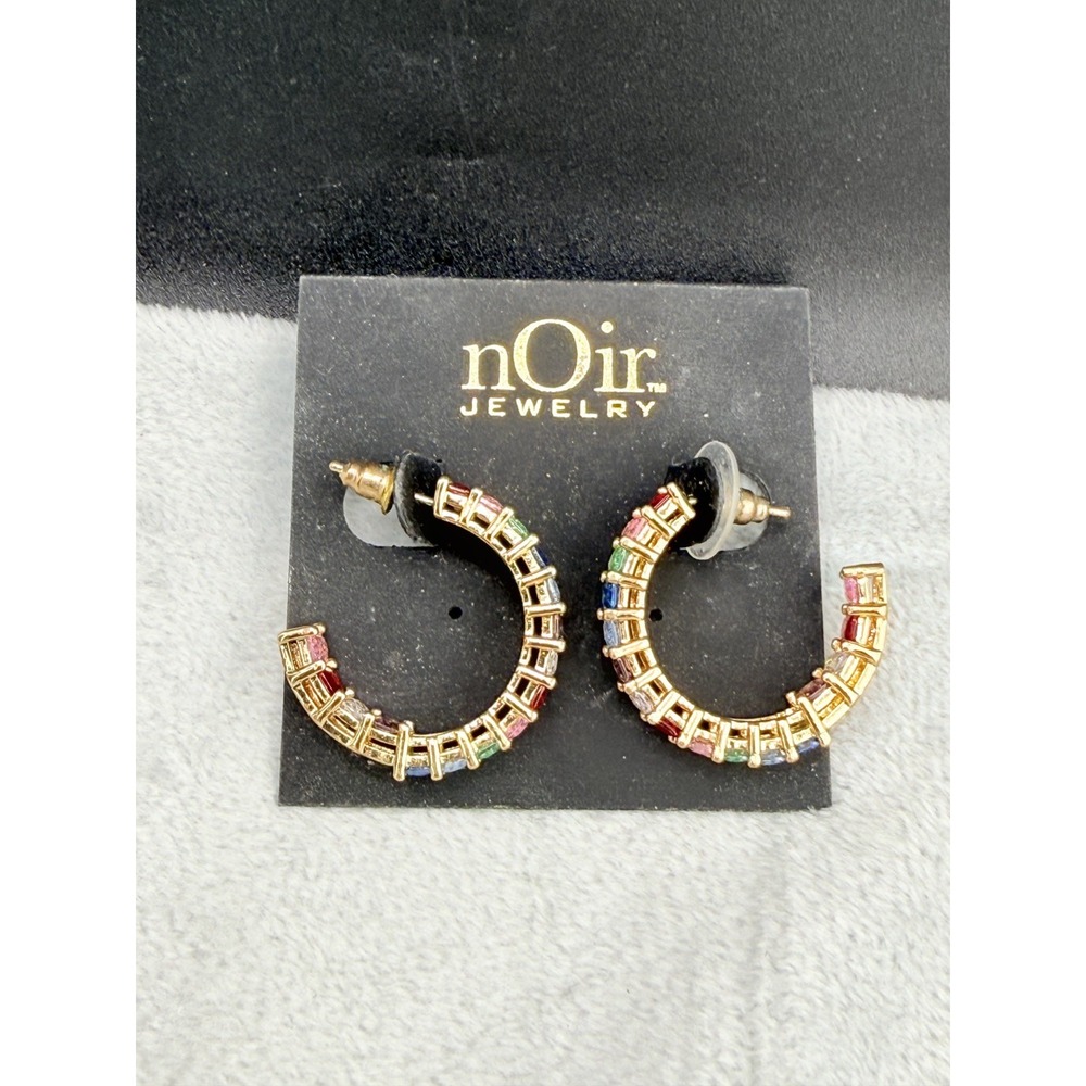 Noir Rhinestone Hoop Earrings Rainbow Gold Tone Baguette C-Hoops 1"